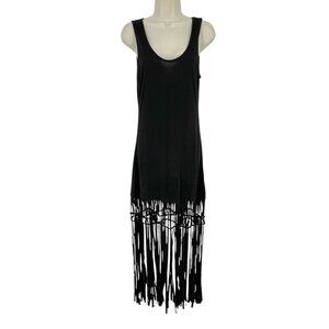Uniq Women's Maxi Dress Black Fringe Sleeveless‎ Long Stretch Knit Beach Size S